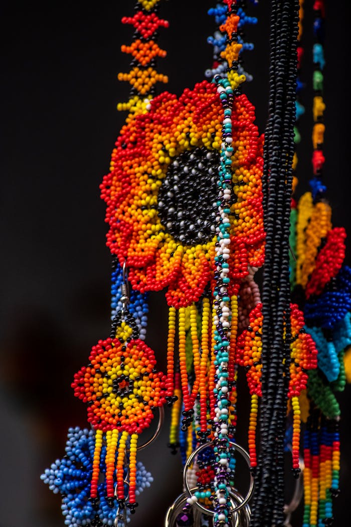 Colorful handmade beaded necklaces with intricate designs in a close-up view.